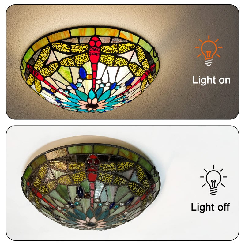 Artzone أضواء السقف تيفاني من ARTZONE، ضوء سقف زجاج ملون 3-مصابيح 16 بوصة ضوء سقف مدمج تيفاني لغرفة النوم، غرفة الطعام، غرفة المعيشة، المدخل، الردهة - Image 4